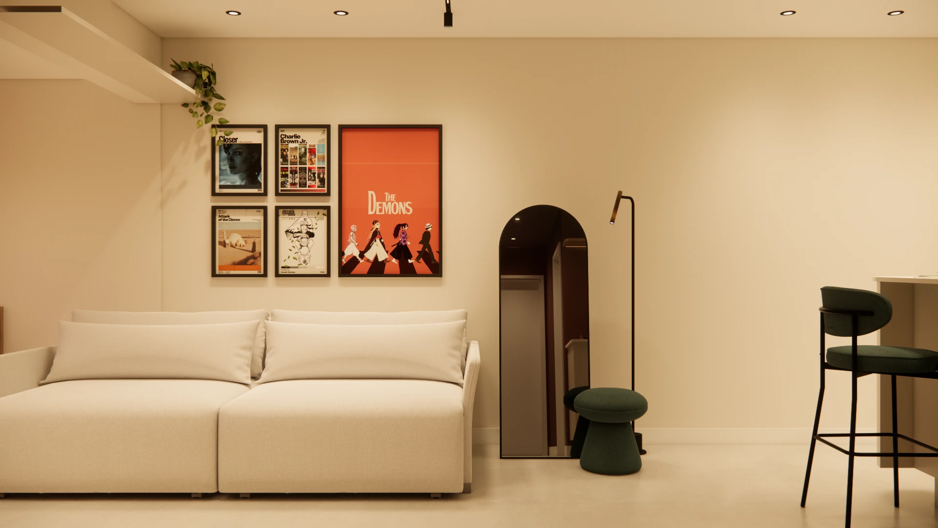 Sala de estar com sofá claro, quadros, espelho arqueado e iluminação quente.