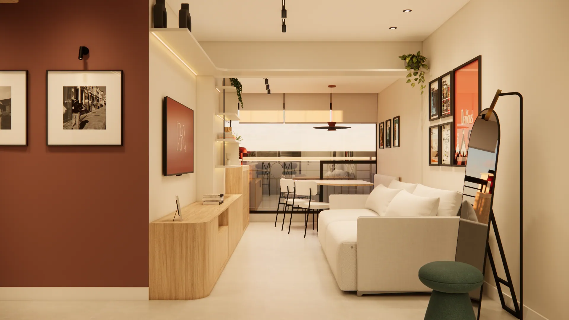 Sala integrada com jantar, cozinha e marcenaria em madeira.